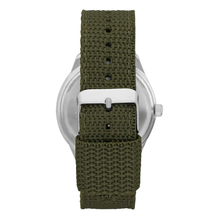 GEORGE Men's Watch: Silvertone Case, White Easy Read Dial, Olive Green Nylon Strap