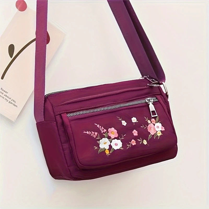 Lightweight Chic Embroidered Floral Nylon Crossbody Bag