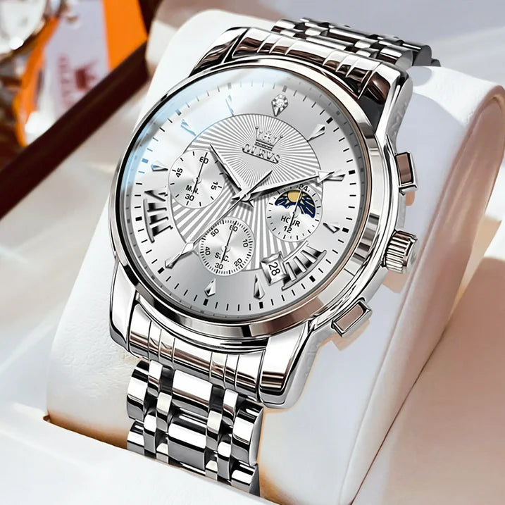 OLEVS Watches for Men, Mens Watches Quartz Silver Stainless Steel Waterproof Luminous Business Calendar Wrist Watch reloj para hombre