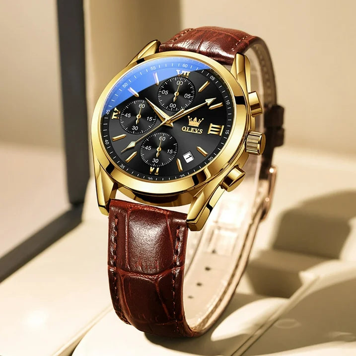 OLEVS Watches for Men Chronograph Leather Gold Plated Case Analog Quartz