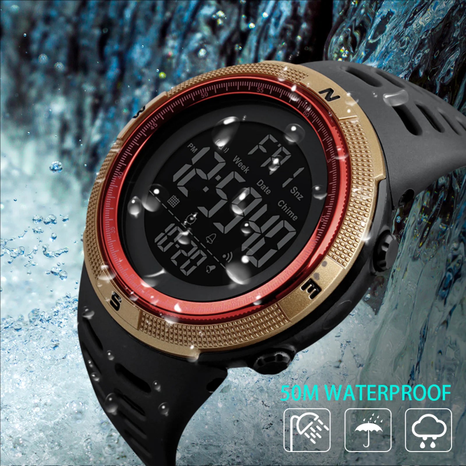 Men's Military Watch, Waterproof Digital Sports Alarm Backlit Classic Watch, Black Gold Red