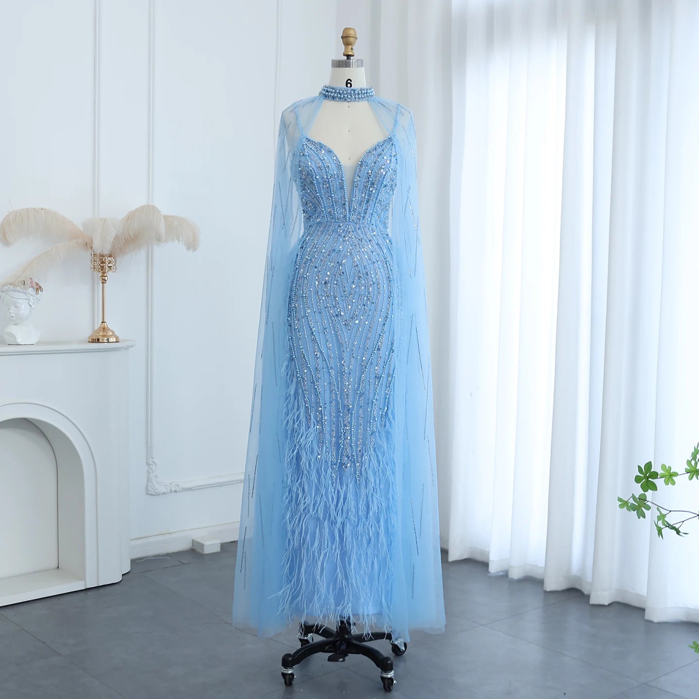 Sharon Said Luxury Feather White Nude Mermaid Evening Dress