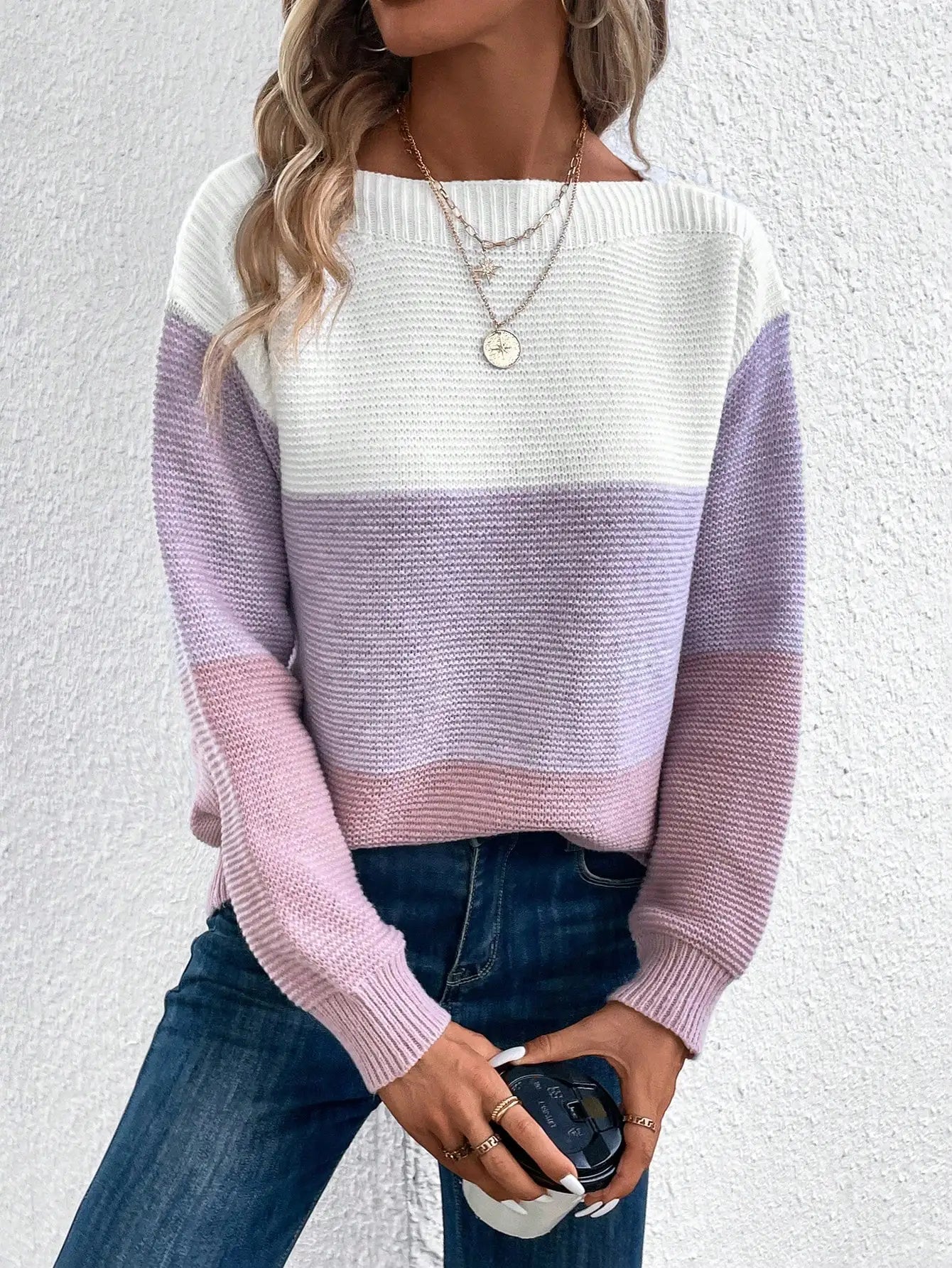 Elegant Three-Color Patchwork Sweater for Women