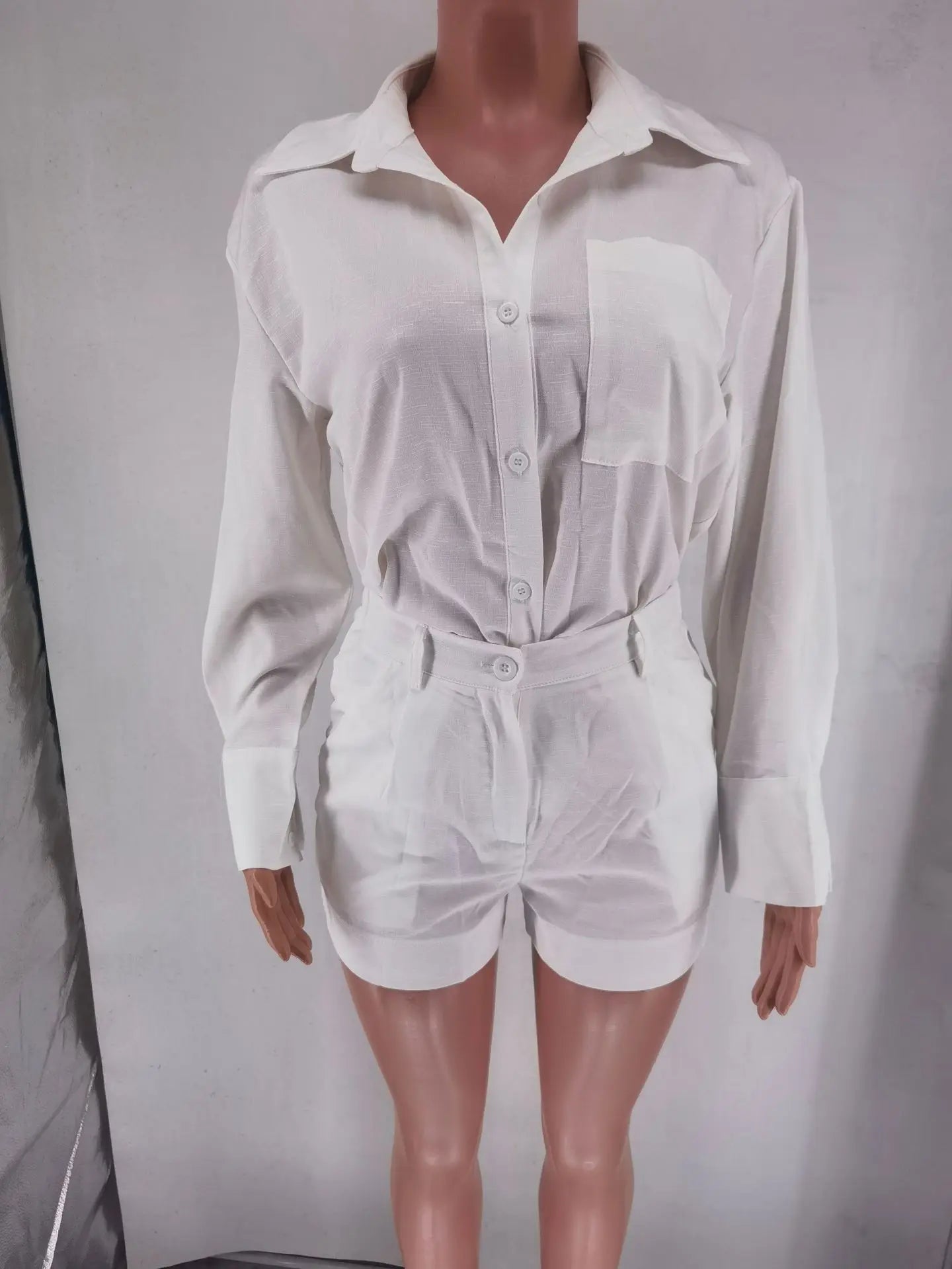 Women Long Sleeve 2 Pieces Sets Casual Simple Button Pockets Short