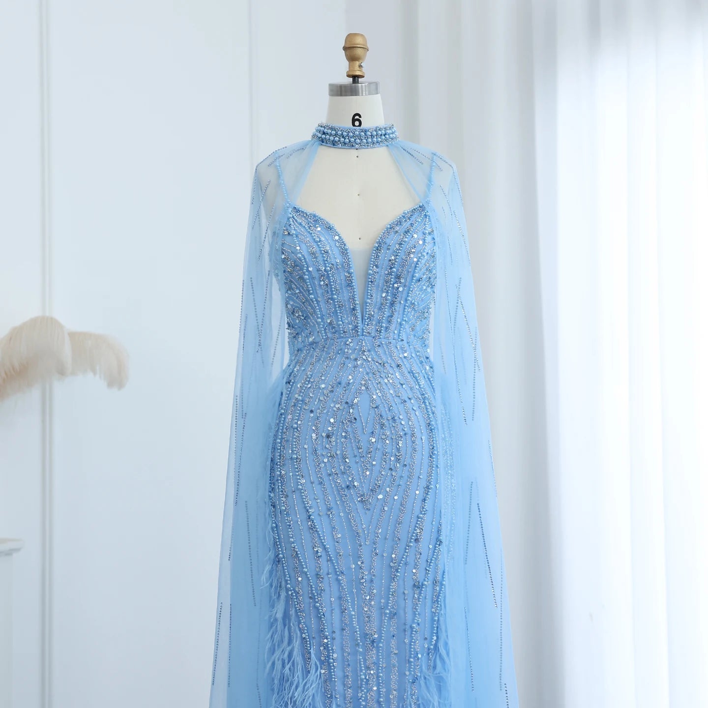 Sharon Said Luxury Feather White Nude Mermaid Evening Dress