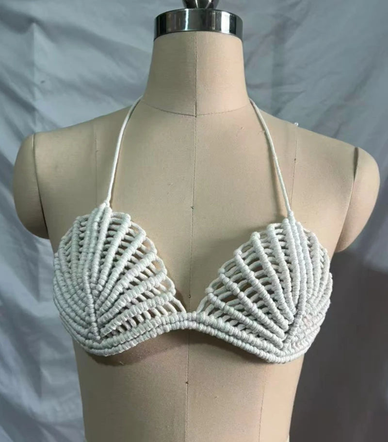 Sexy Long Tassel Knit Dress Summer Bikini Crop Top Bra and High Waist Skirt