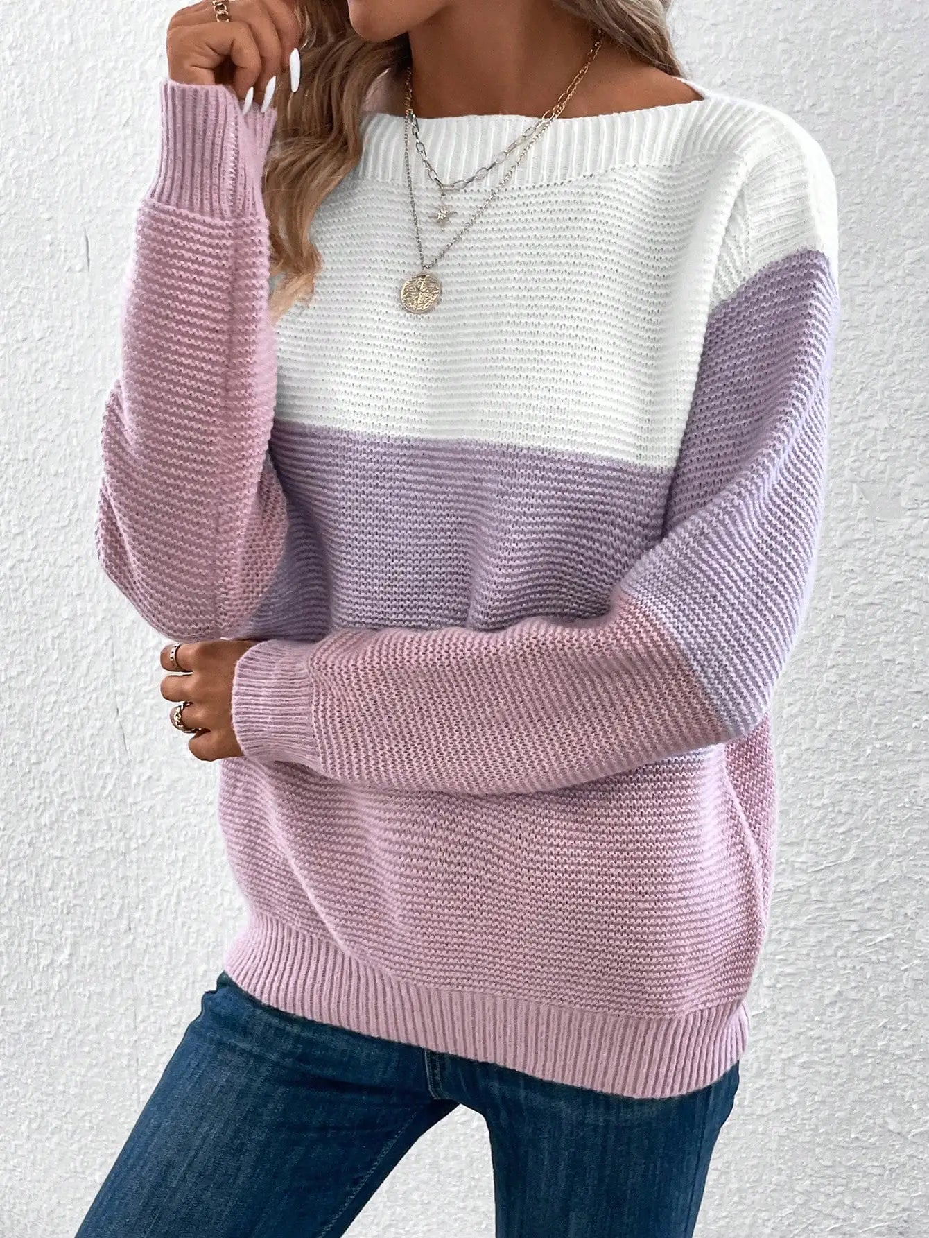 Elegant Three-Color Patchwork Sweater for Women