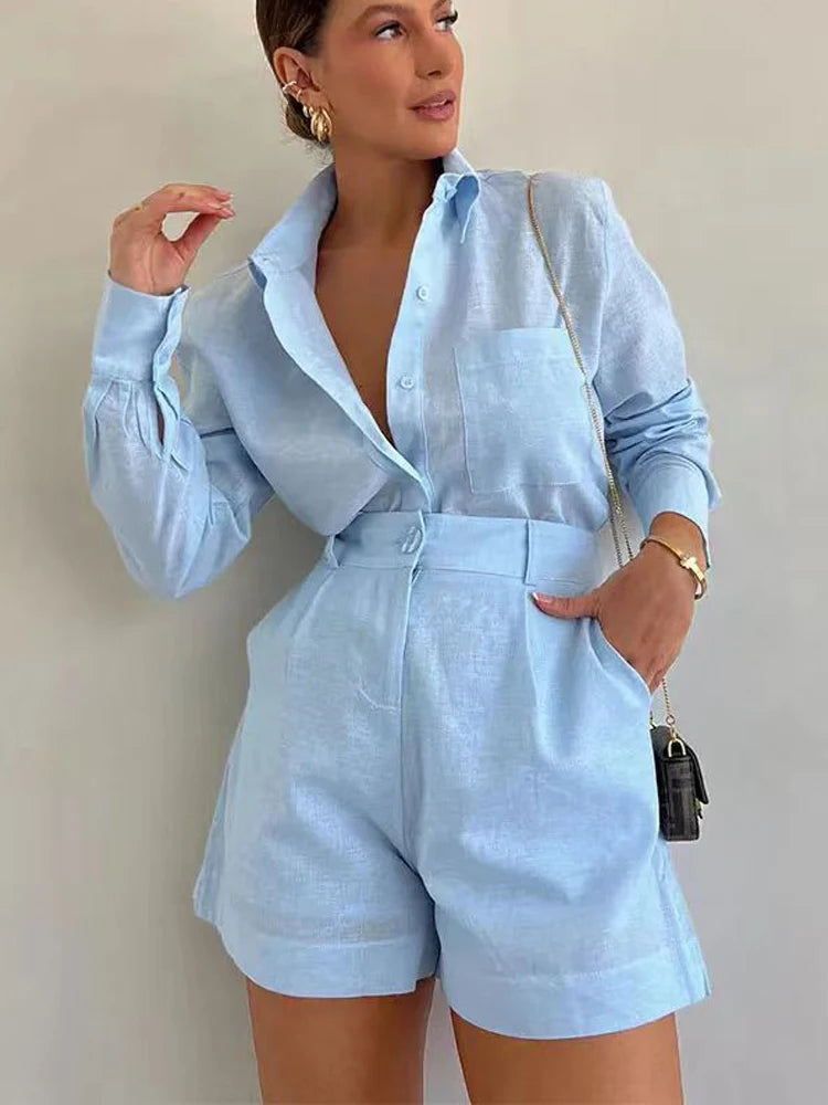 Women Long Sleeve 2 Pieces Sets Casual Simple Button Pockets Short