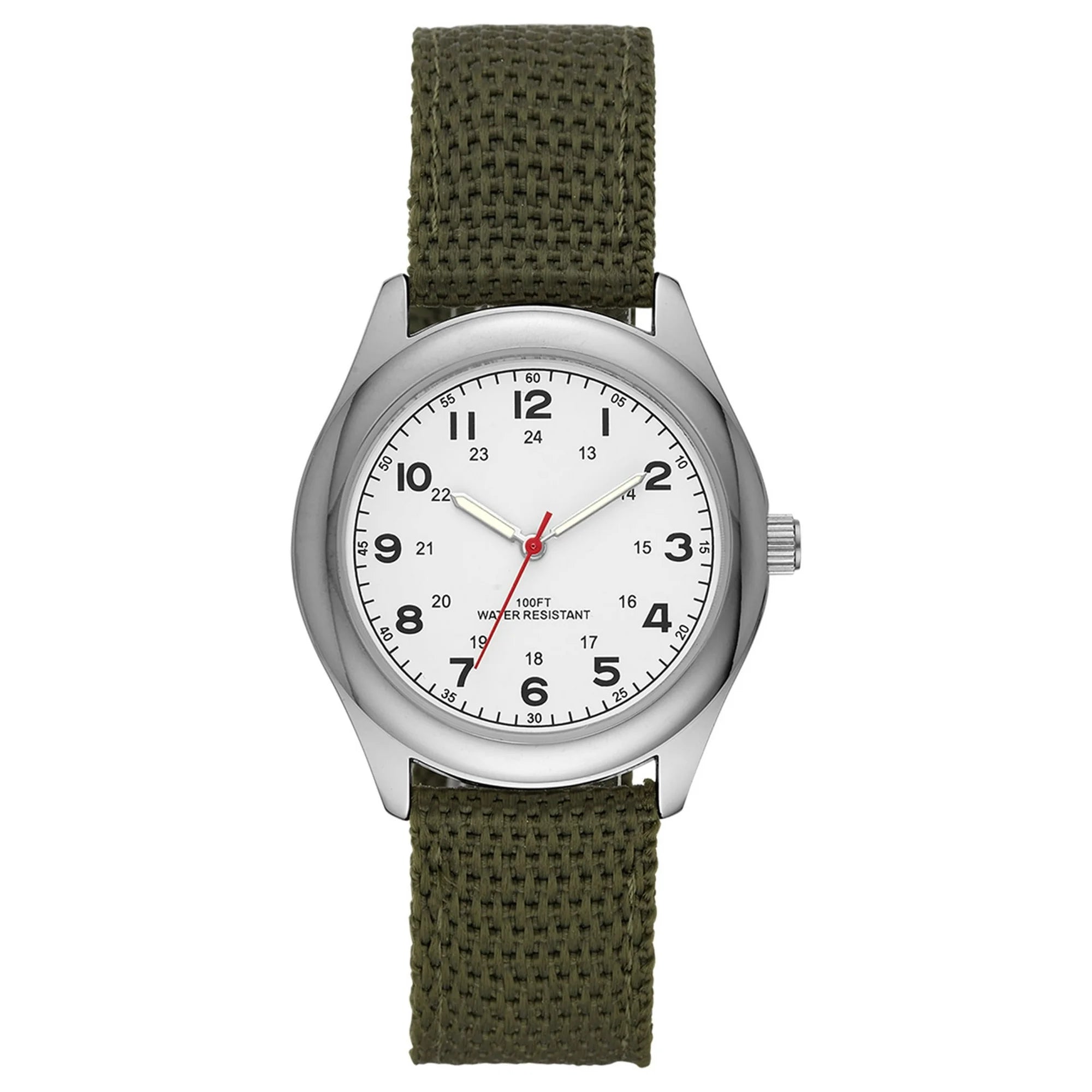 GEORGE Men's Watch: Silvertone Case, White Easy Read Dial, Olive Green Nylon Strap