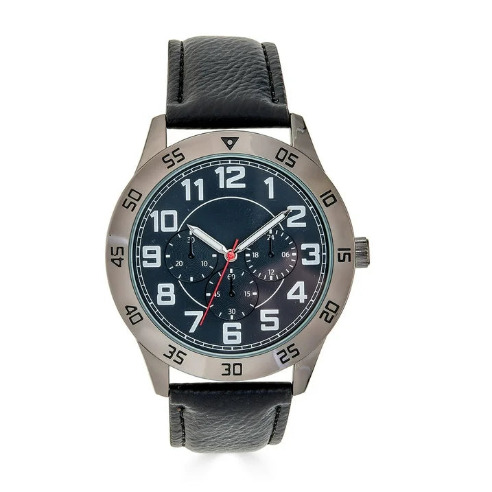 George 44mm Men's Gunmetal Tone Sport Bezel Easy Read Black Stitched Strap Watch