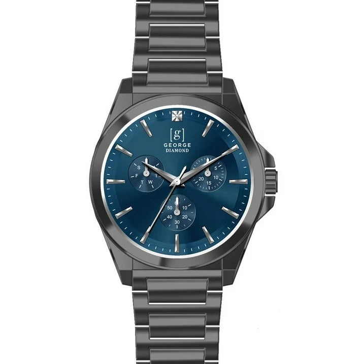 George Men's 41mm Gunmetal Tone Blue Dial Genuine Diamond Bracelet Watch