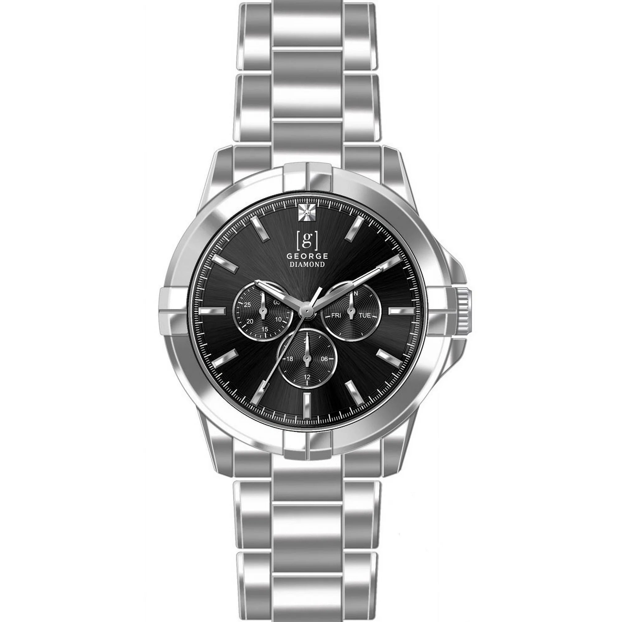 George Men's 41mm Silver Tone Black Dial Genuine Diamond Bracelet Watch