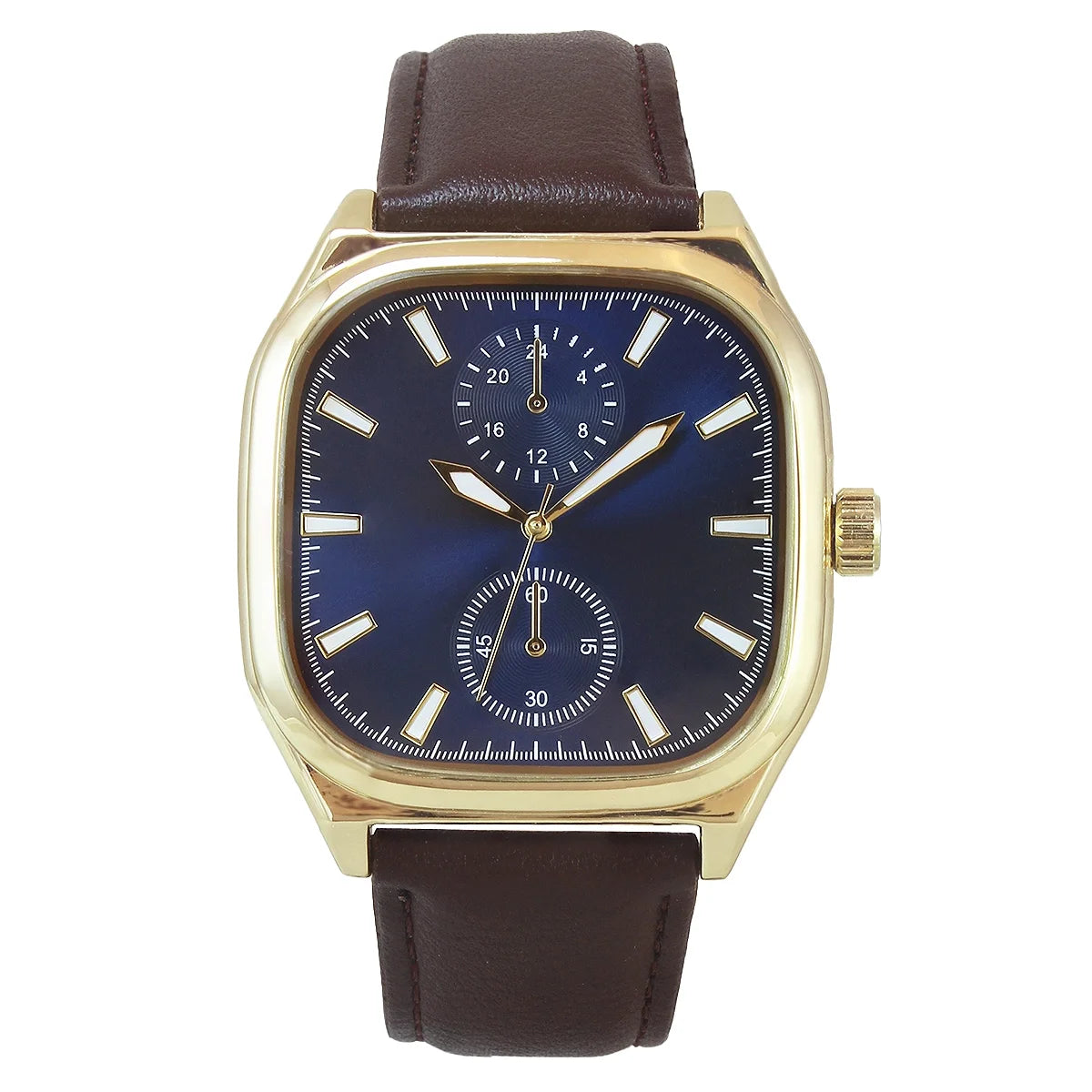George Men's Gold Tone Cushion Shape Blue Dial Brown Strap Wristwatch, 40 mm