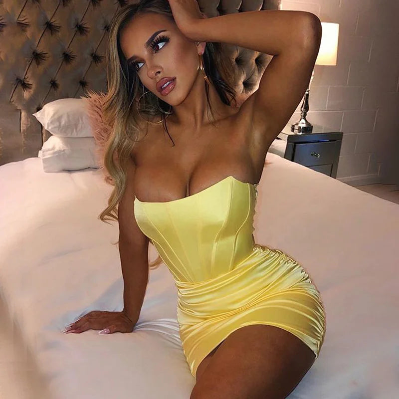 Glitter Sparkle Night Club Party Dress Women 2022 Summer Sexy Bodycon Mini Dresses Strapless Backless Elegant Ruched Vestidos