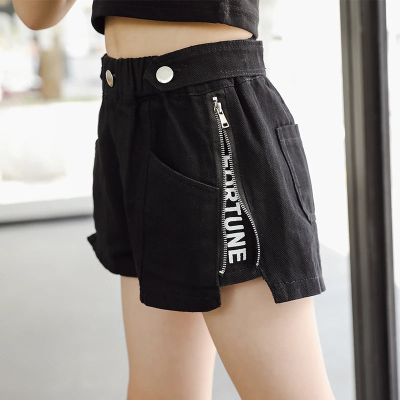 Girls' High-Waist Zipper Denim Shorts
