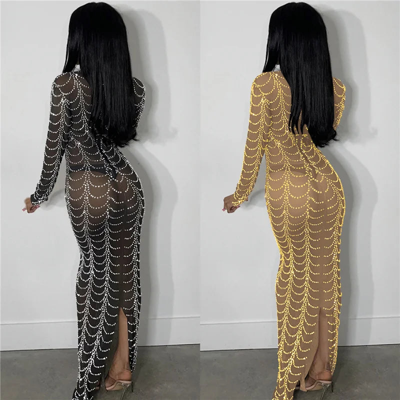 Sparkly Crystal Rhinestone Bodycon Maxi Dress