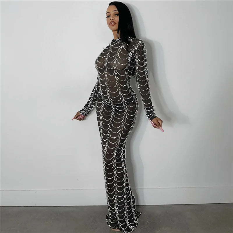 Sparkly Crystal Rhinestone Bodycon Maxi Dress Women Wedding Evening Long Sleeve Mesh See Through Night Party Club Birthday Dress