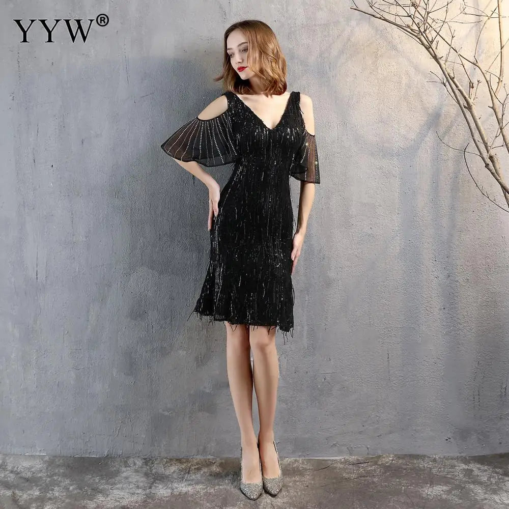 Women Sexy Short Evening Dress Vintage Bling Sequin Deep V Party Dresses Sleeveless Tassel Fashion Anniversary Party Vestidos