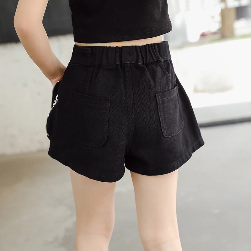 Girls' High-Waist Zipper Denim Shorts