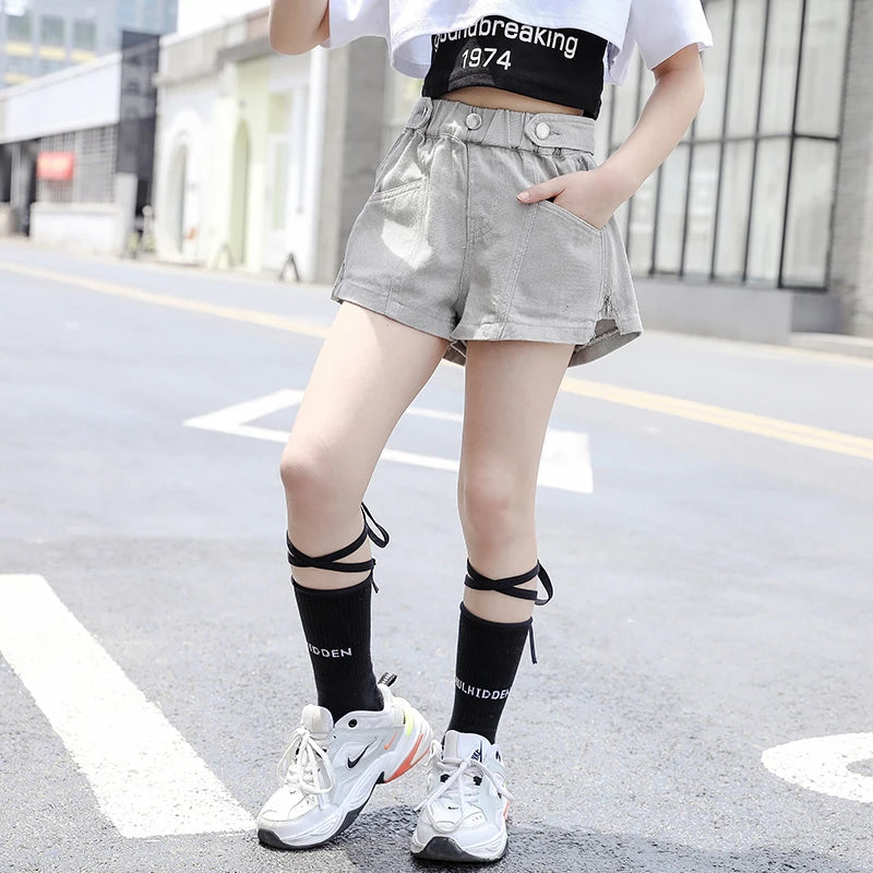 Girls' High-Waist Zipper Denim Shorts