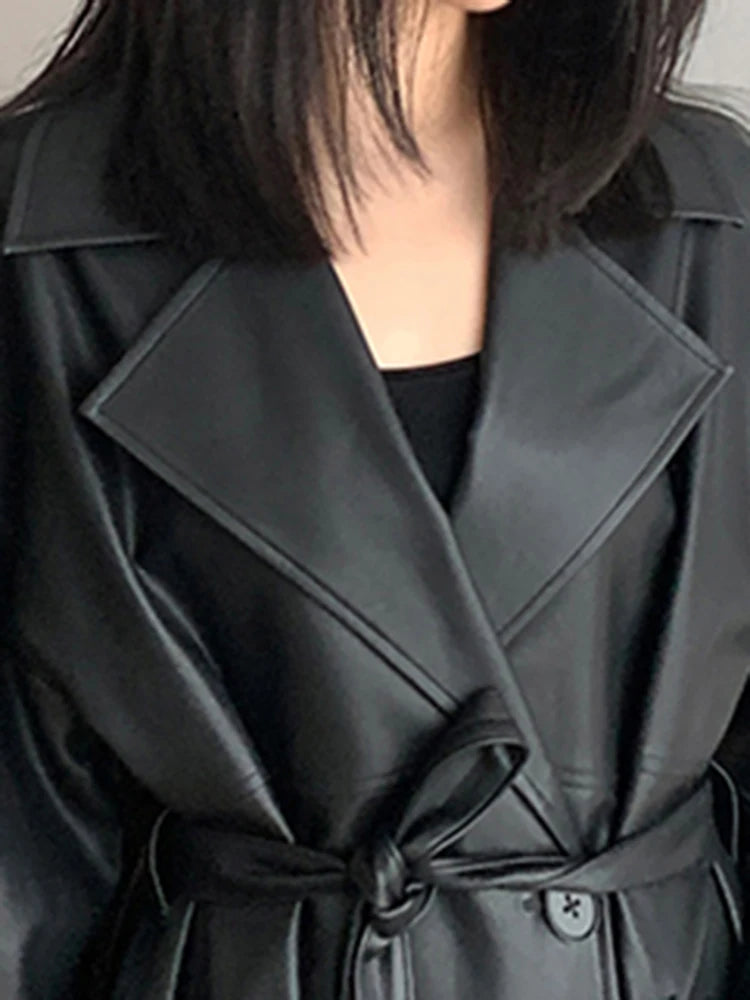 Lautaro-Long Black Leather Trench Coat for Women