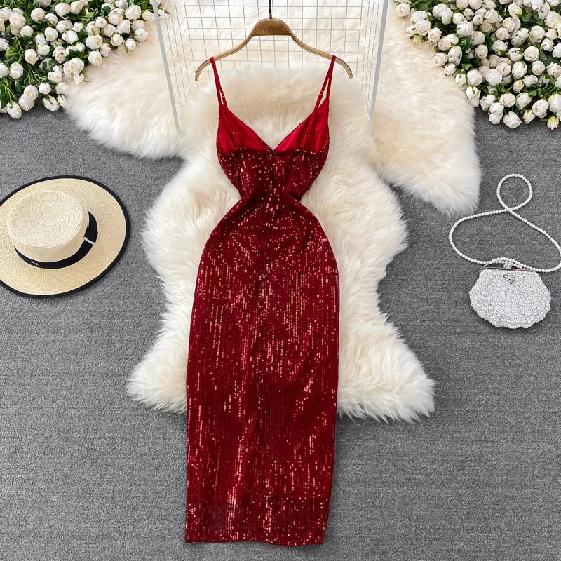 Sexy Party Dress Women Elegant Sequins Glitter Evening Club Dresses Deep V-neck Spaghetti Strap Sleeveless Split Long Maxi Dress