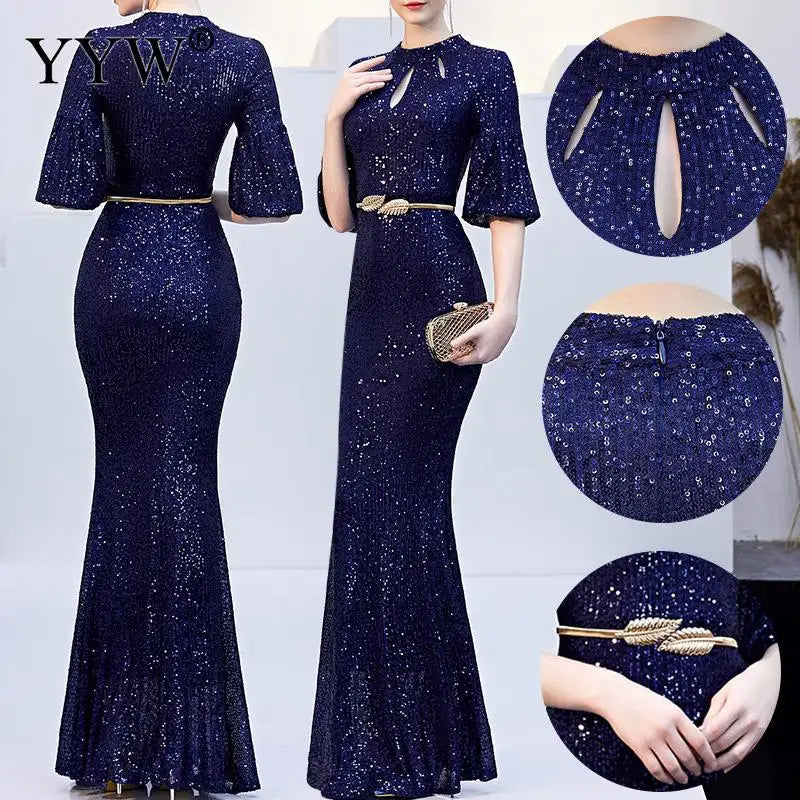 Sexy Deep V Neck Women Evening Dress Sequined Robe De Soiree Flare Sleeve Backless Ladies Elegant Long Party Dress Vestidos