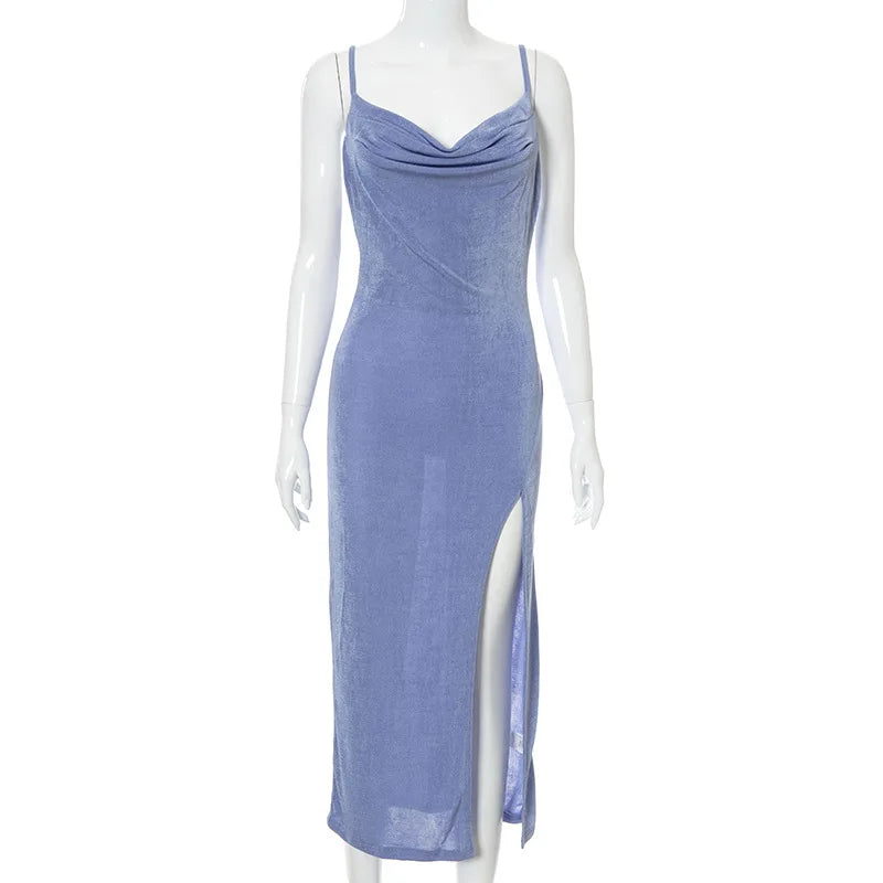 Sexy Dresses for Women High Split Party Dresses Spaghetti Straps Cowl Neck Long Dresses Backless Bodycon Dress For Girls