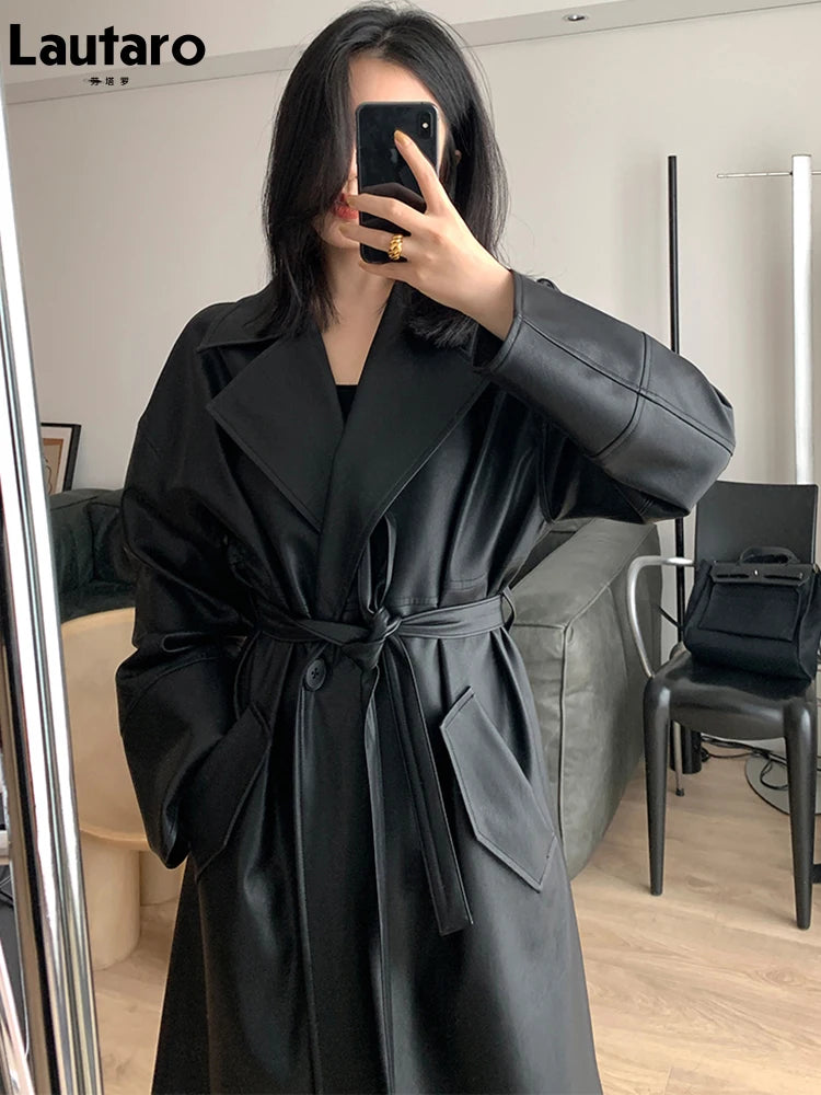 Lautaro-Long Black Leather Trench Coat for Women