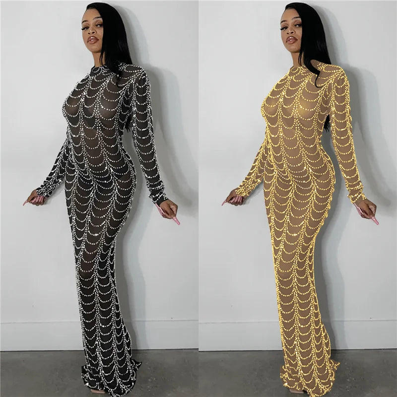 Sparkly Crystal Rhinestone Bodycon Maxi Dress