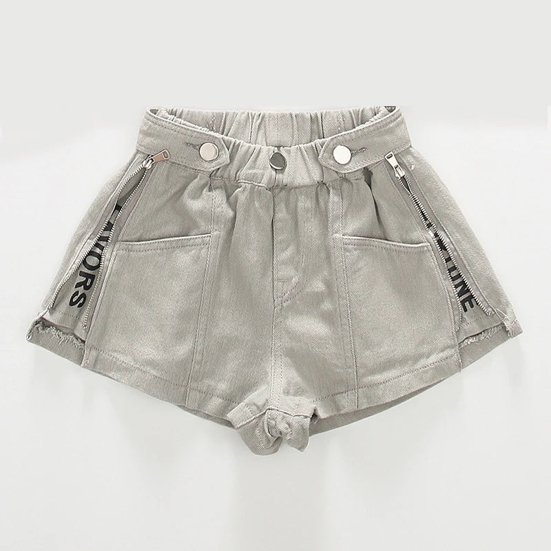 Girls' High-Waist Zipper Denim Shorts