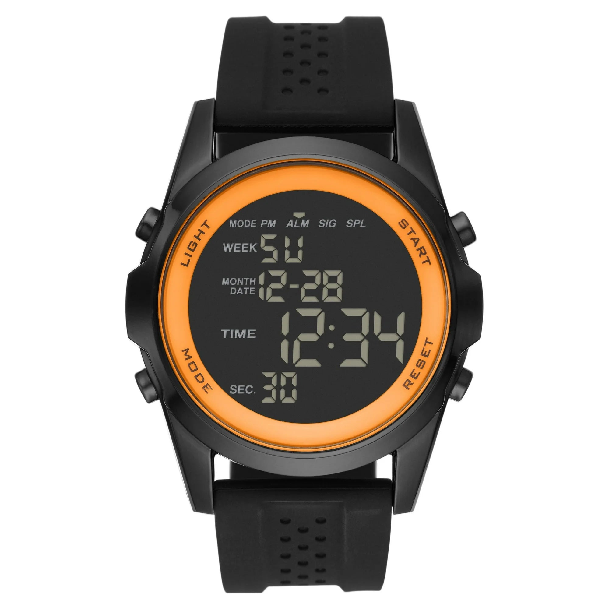 Men's George Digital Watch: Gunmetal Case, Orange Bezel, Black Silicone Band