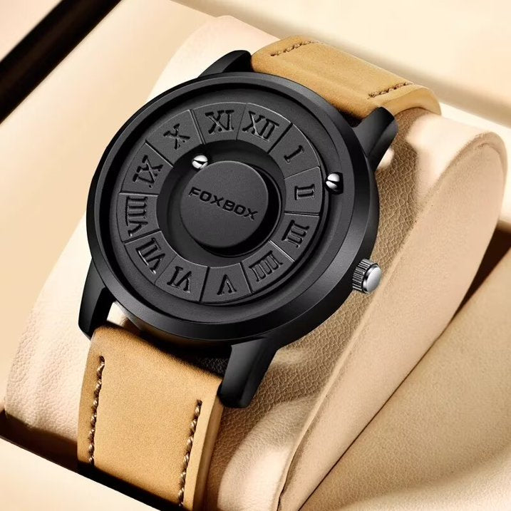 FOXBOX Mens Watches Creative Scrolling Pointer Magnetic Force Quartz Wristwatch Genuine Leather Watch Man