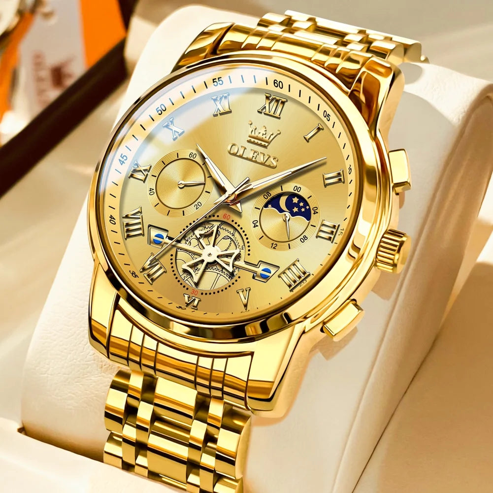 Stainless Steel Waterproof Luminous Date Wrist Watch For Men Gold Dial