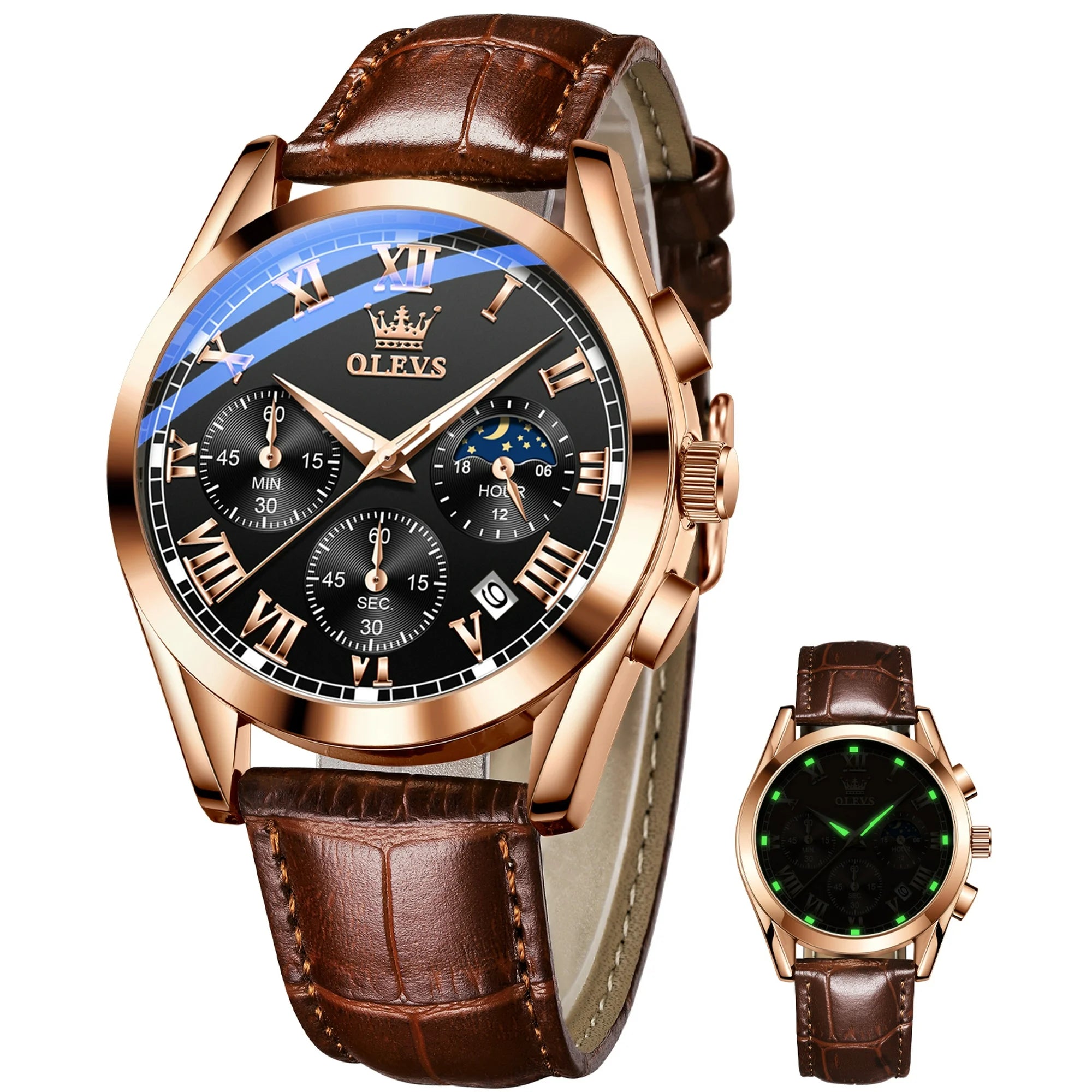 OLEVS Mens Watches Luxury Chronograph Moon Phase Waterproof