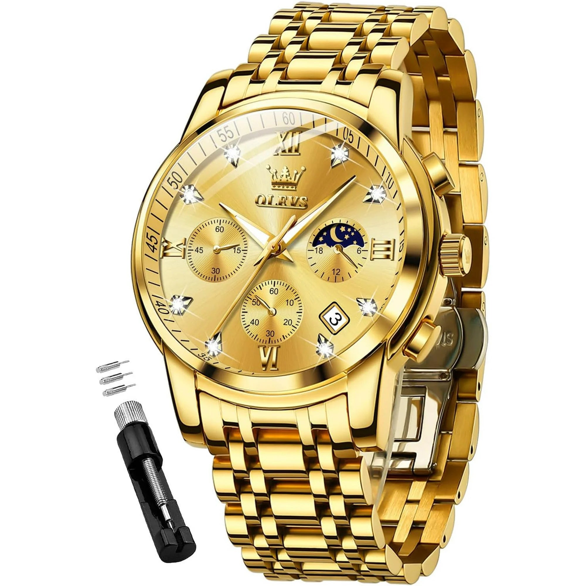 OLEVS Watches for Men, Mens Watches Gifts for Men Chronograph Analog Quartz Luxury Casual Classic Diamond Waterproof Luminous Gold Stainless Steel Reloj para Hombre