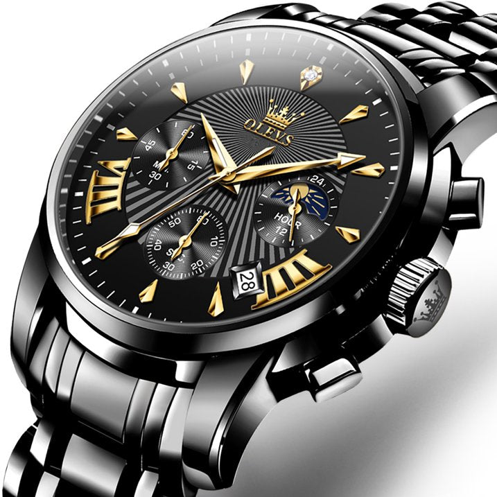 OLEVS Watches for Men, Mens Watches Quartz Black Stainless Steel Waterproof Luminous Business Calendar Wrist Watch reloj para hombre