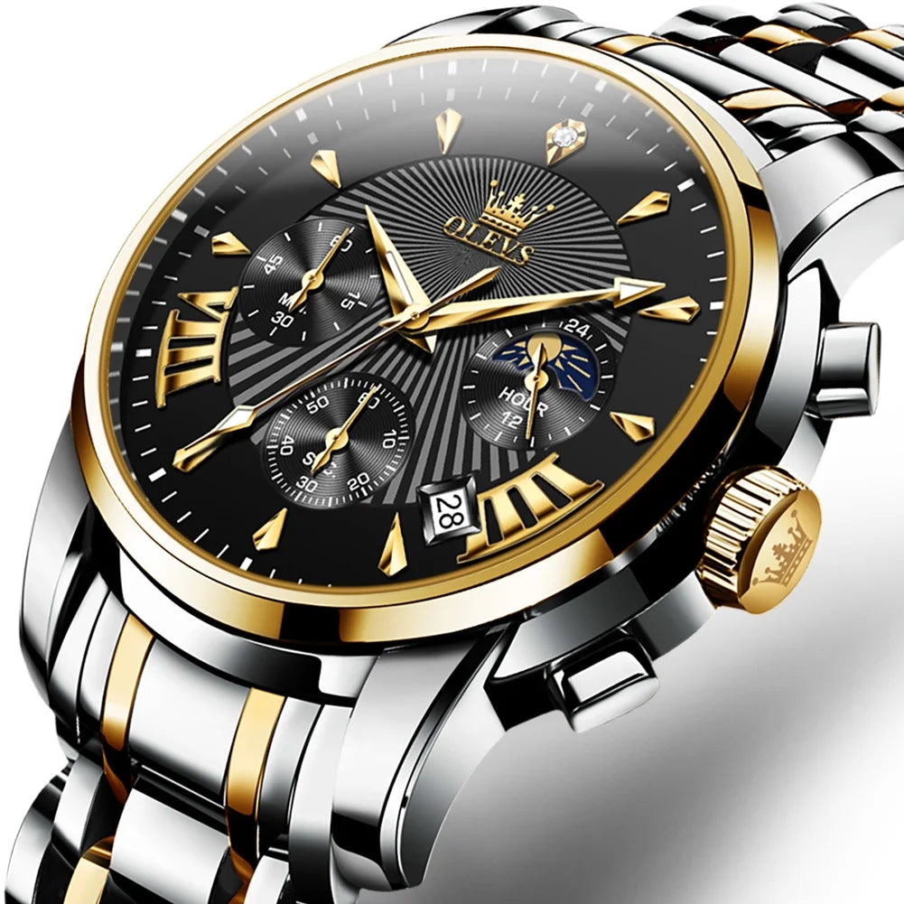 OLEVS Watches for Men, Mens Watches Quartz Gold Stainless Steel Waterproof Luminous Business Calendar Wrist Watch reloj para hombre Black Dial