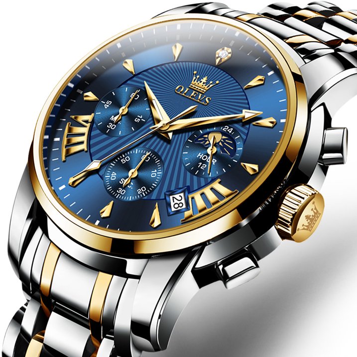 OLEVS Watches for Men, Mens Watches Quartz Gold Stainless Steel Waterproof Luminous Business Calendar Wrist Watch reloj para hombre Blue Dial