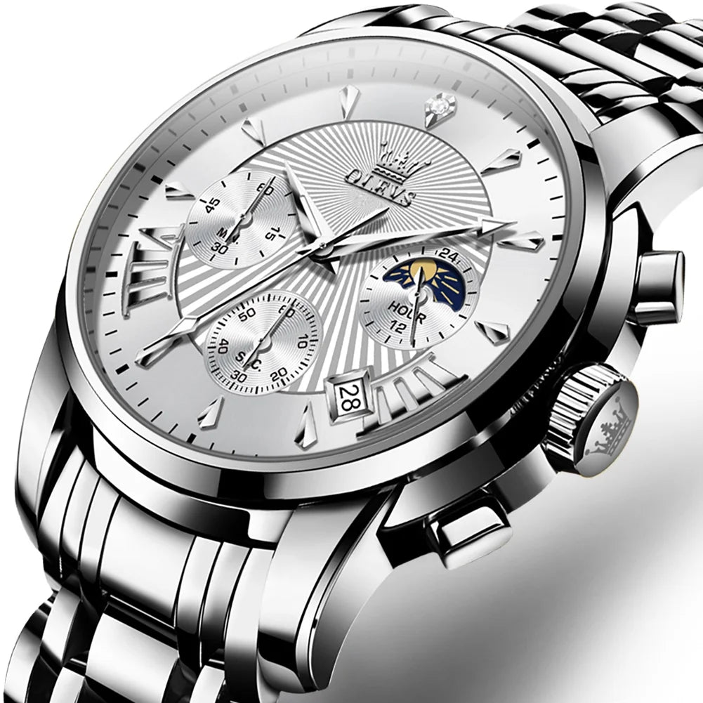 OLEVS Watches for Men, Mens Watches Quartz Silver Stainless Steel Waterproof Luminous Business Calendar Wrist Watch reloj para hombre