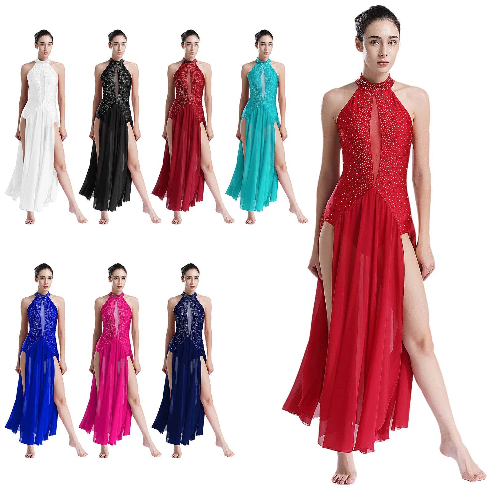 Womens Lyrical Dance Dress Modern Contemporary Dancewear Halter Strappy Back Rhinestones Split Dress for Performance Competition