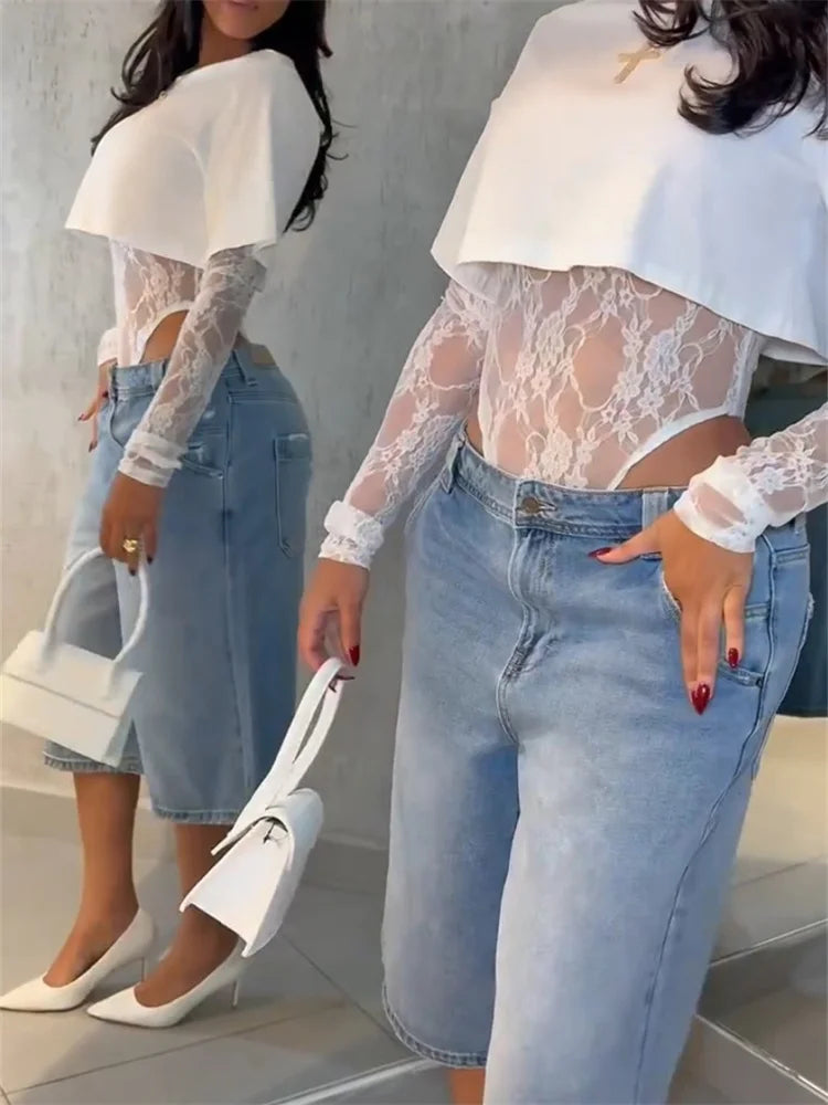 Kliou Sexy Fashion Crop Tops+Women Lace Jacquard Full Sleeve Bodysuit Hot Girls High Street Wild Style Classic Skinny Clothing