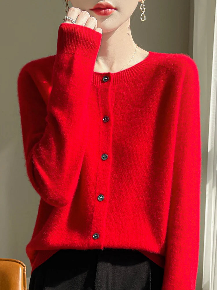 ADDONEE Women's Merino Wool O-Neck Cardigan