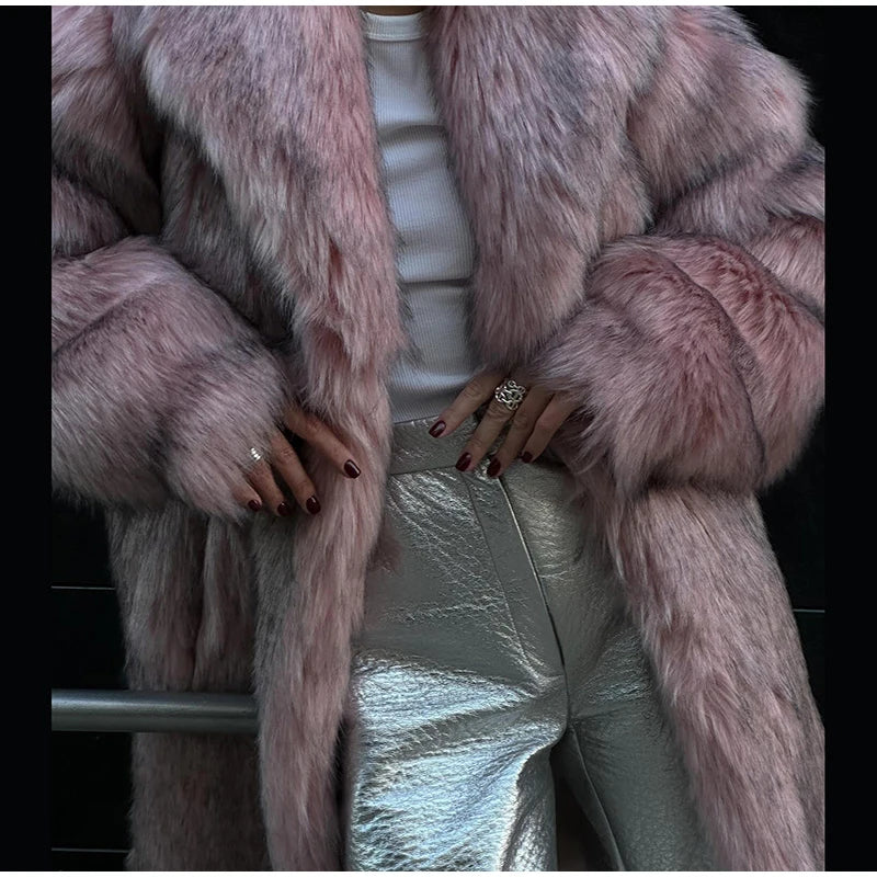 Retro Lapel Rose Red Faux Fur Coats Women