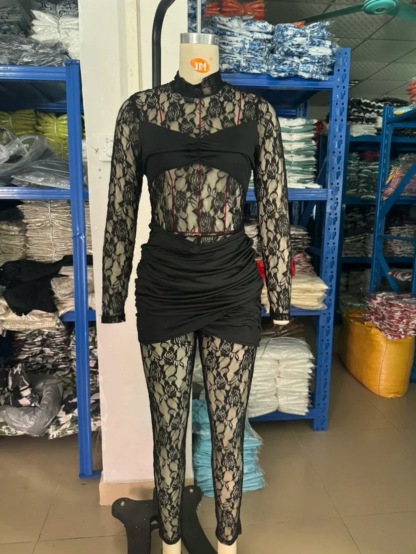 Vedere attraverso la tuta elasticizzata patchwork in rete di pizzo da donna manica lunga a vita alta sottile sexy collo alto gonna avvolgente twist party wear