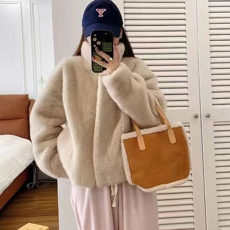 Women Fashion Stand Collar Mink Fur Top Female Long Sleeves
