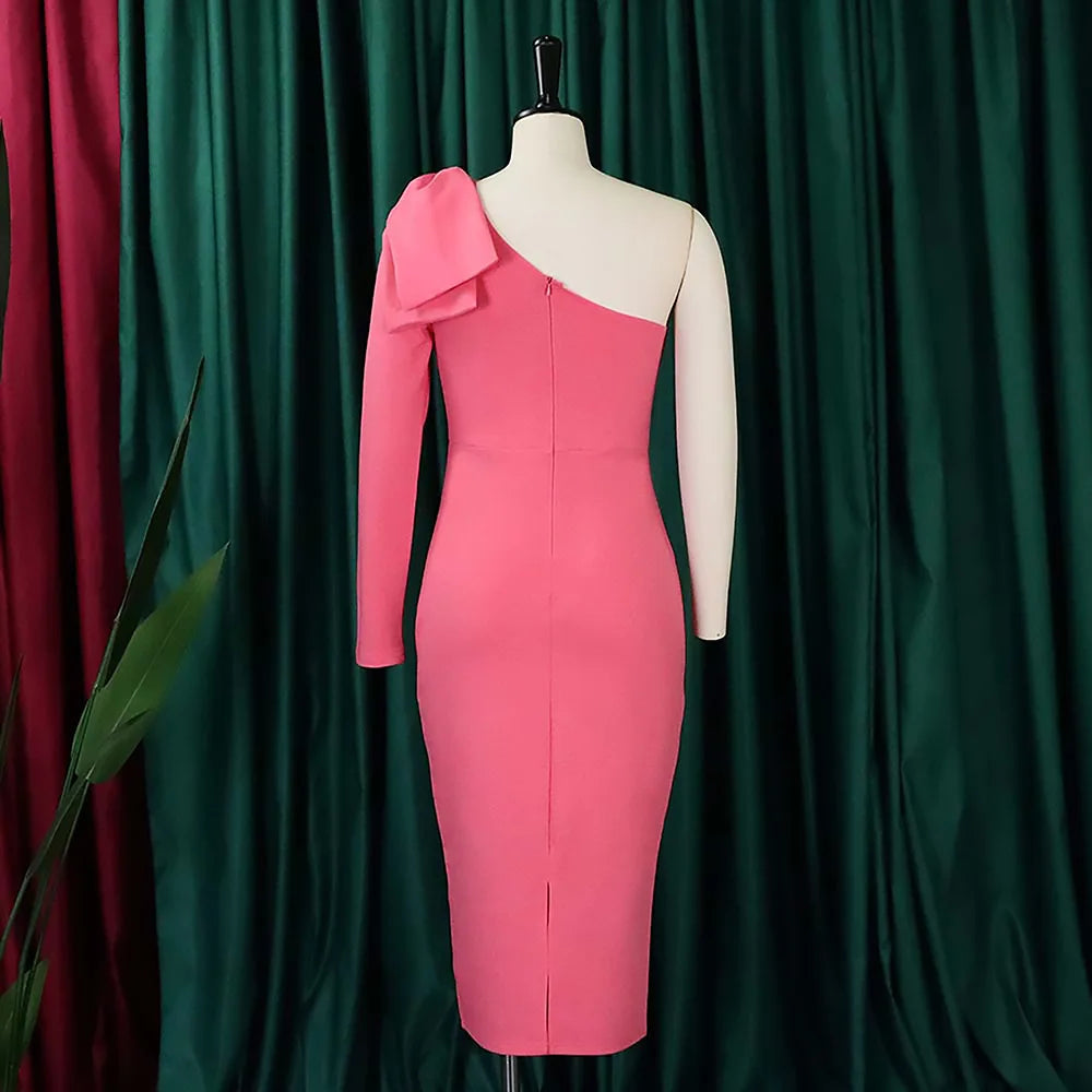 Sexy Bodycon Dresses for Women One Shoulder Full Sleeve Sheath Package Hips Mid Calf Elegant Birthday Party Dinner Vestidos Robe