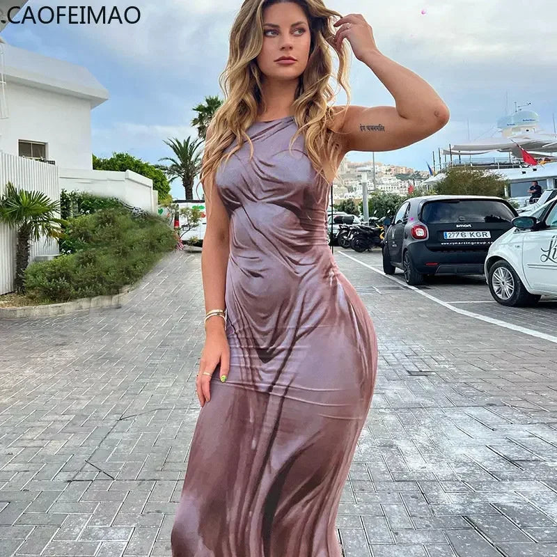 Printed Sexy Dry Wet Dress Women 2023 Sleeveless Backless Strap Long Close-fitting Sheath Female Party Evening Dresses Vestidos