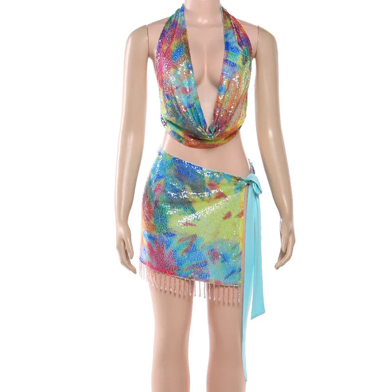 Spring 2026 Women's Fashion Sequined Halter Top Tassel Strap