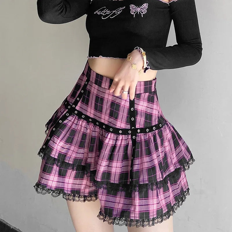 Gothic Lace Ruffle Mini Skirt for Women